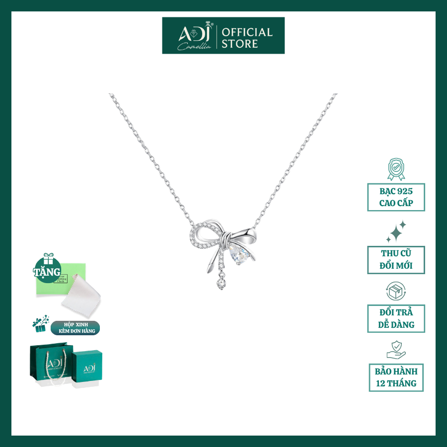 Dây Chuyền Nữ ADJ Bạc Ý 925 Thiết Kế Nơ Cách Điệu, Vòng Cổ Đính Đá CZ Toàn Dải Tỏa Sáng Tinh Tế - SD5498AD