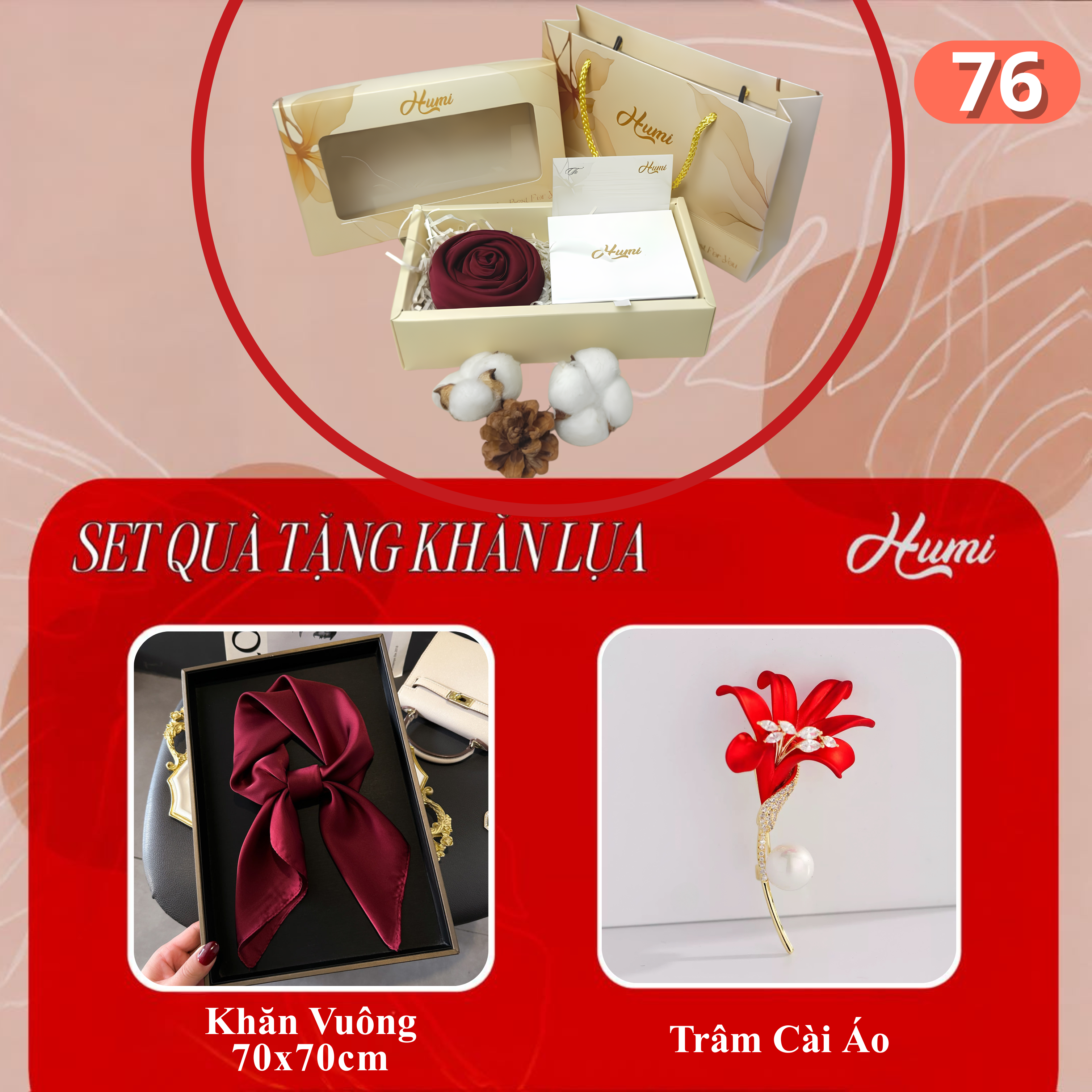 BỘ QUÀ KHĂN VUÔNG TRƠN 70X70 VÀ TRÂM CÀI (SQ76)