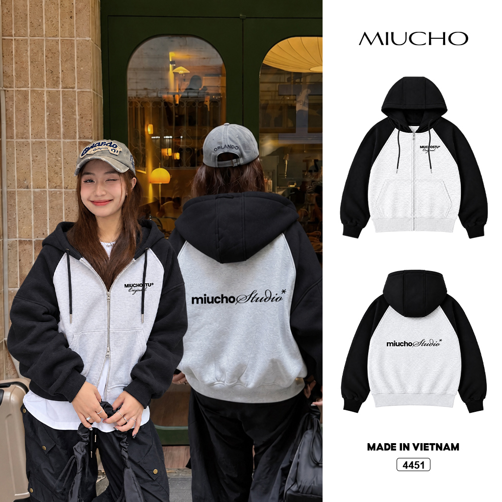 Áo hoodie zip Miucho form rộng raglan vải nỉ 2 da mềm mịn 4451