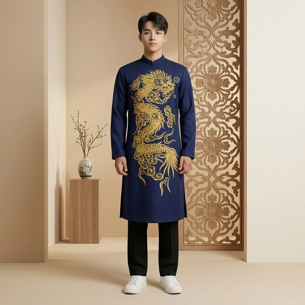 Áo Dài Nam Cách Tân Taffeta Thêu Rồng Vàng NA26-23_thumbnail_3