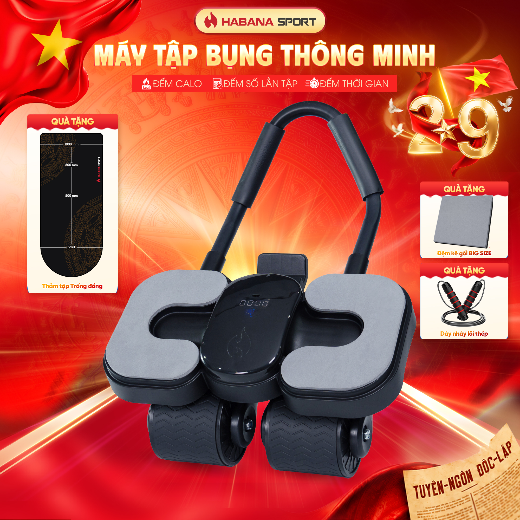 Máy Tập Bụng Đốt Mỡ Thông Minh Habana - [ TẶNG ] Thảm tập 1m4 + Đệm kê gối + Dây nhảy 