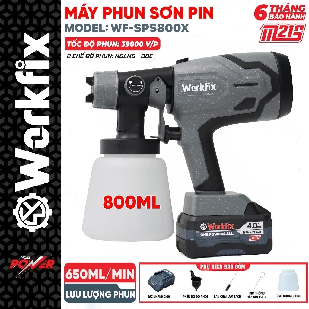 Máy Phun Sơn Pin WORKFIX WF-SPS800X – Máy Phun Sơn Cầm Tay 800ml, 2 Chế Độ Phun