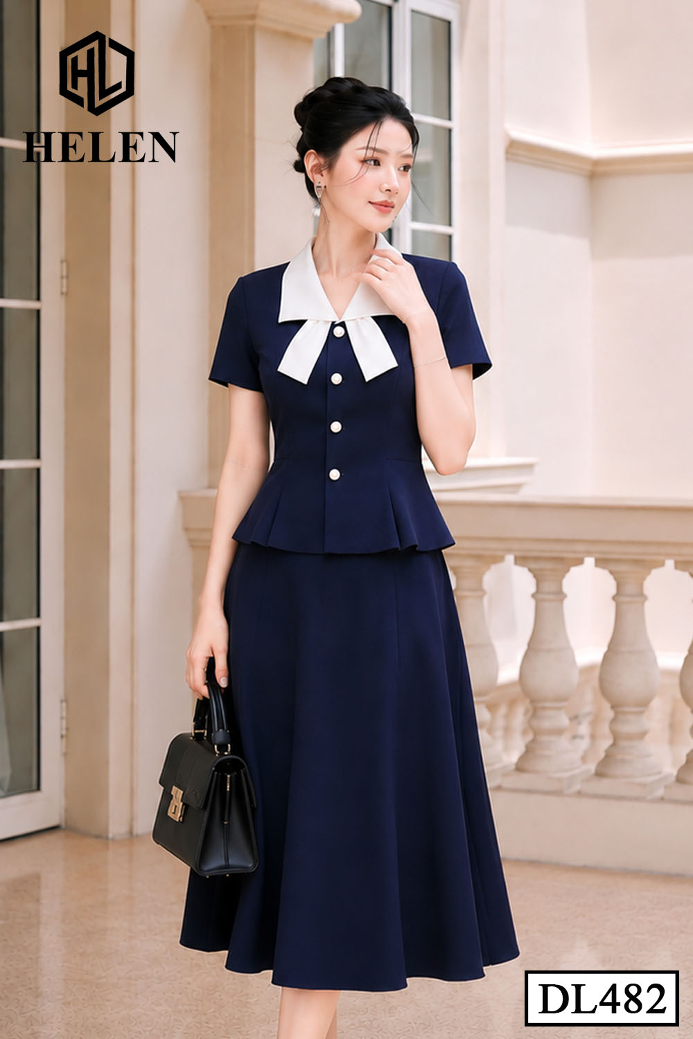Đầm xòe peplum xanh than phối cổ trắng