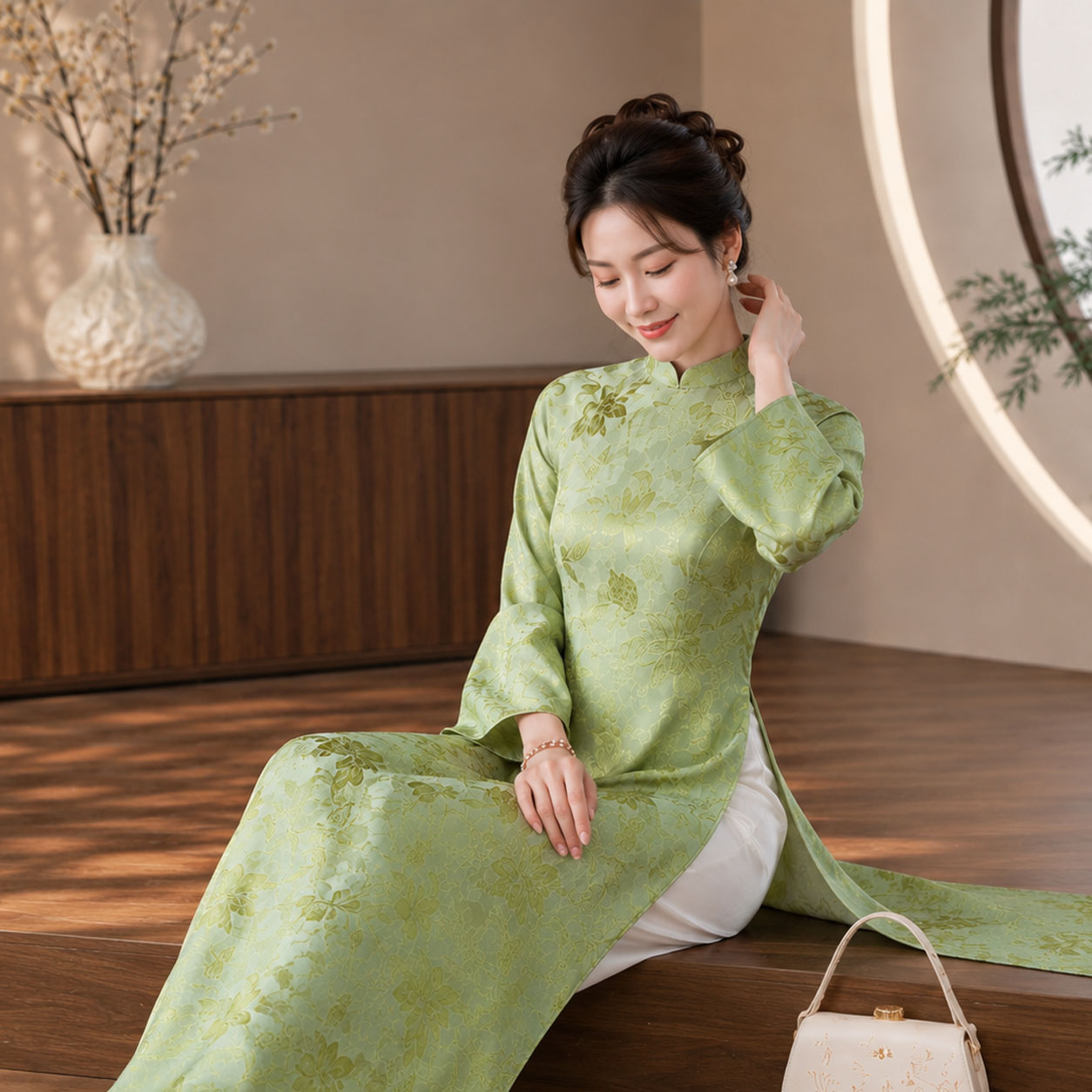 Áo Dài Cách Tân Nữ Dáng Suông Gấm Haiza Họa Tiết 2 Tà CT27-01_thumbnail_3