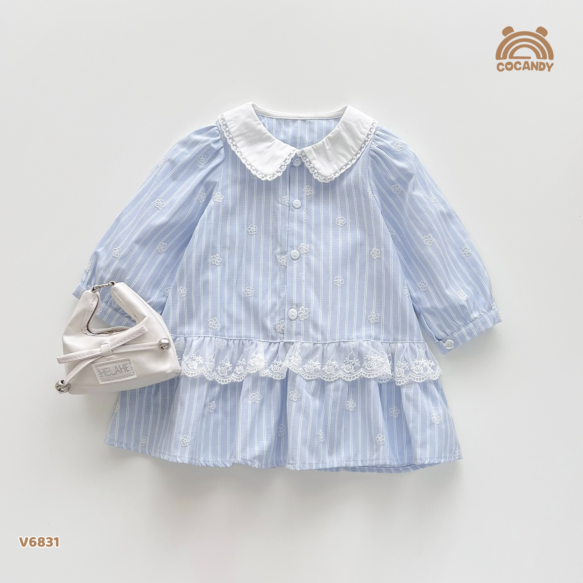 Váy dài kẻ XANH phối ren thêu hoa