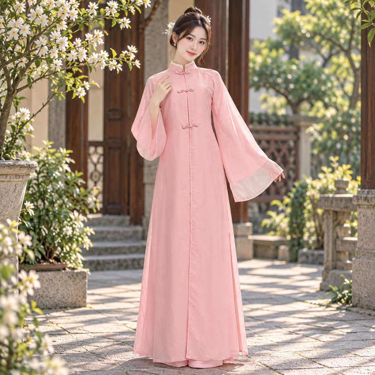 Áo Dài Cách Tân Nữ Cổ Đứng Dáng Suông Tay Loe Kèm Choàng Nhật Bình Voan Tơ Lụa - CT27-04_thumbnail_4