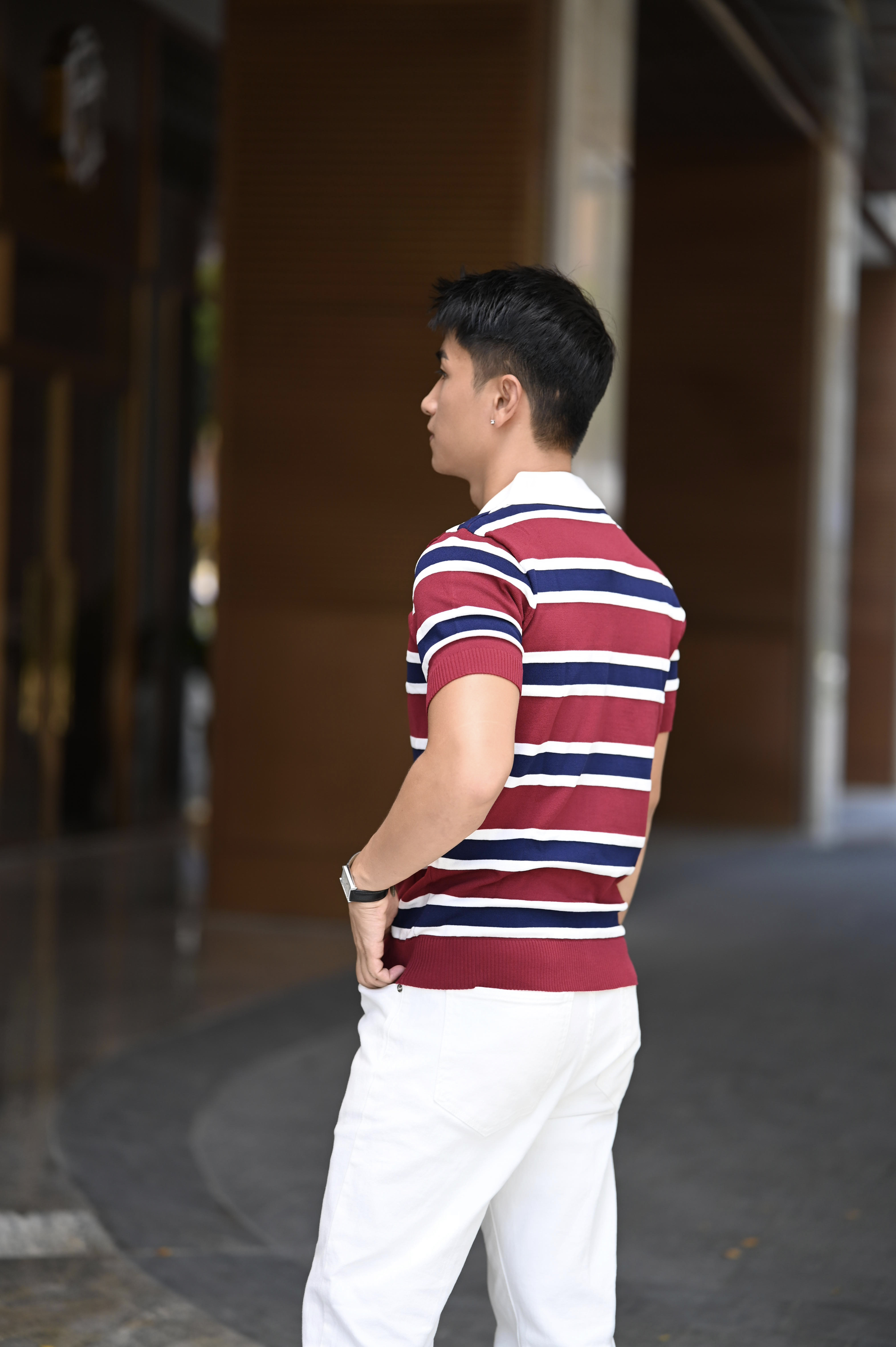 PB6 - Áo Polo Nam Tay Ngắn Sọc Đỏ Trắng Xanh, Dáng Ôm Vừa, Phong Cách Anh Quốc Thời Trang