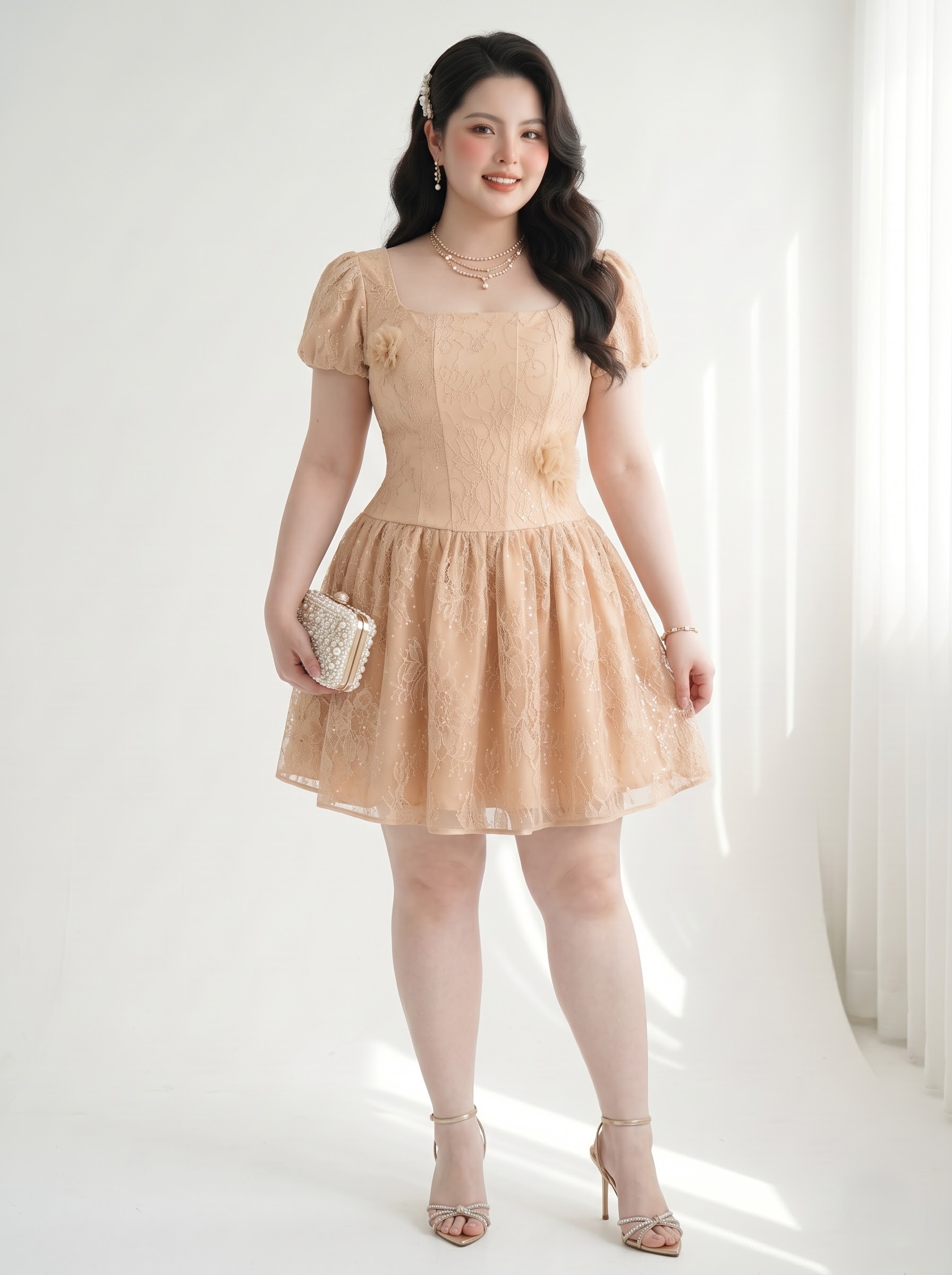 Đầm Ren Kim Tuyến 3 Lớp Bigsize Cổ Vuông Tạo Eo Tùng Phồng Dự Tiệc - Vừa 55–90kg - V-DA236