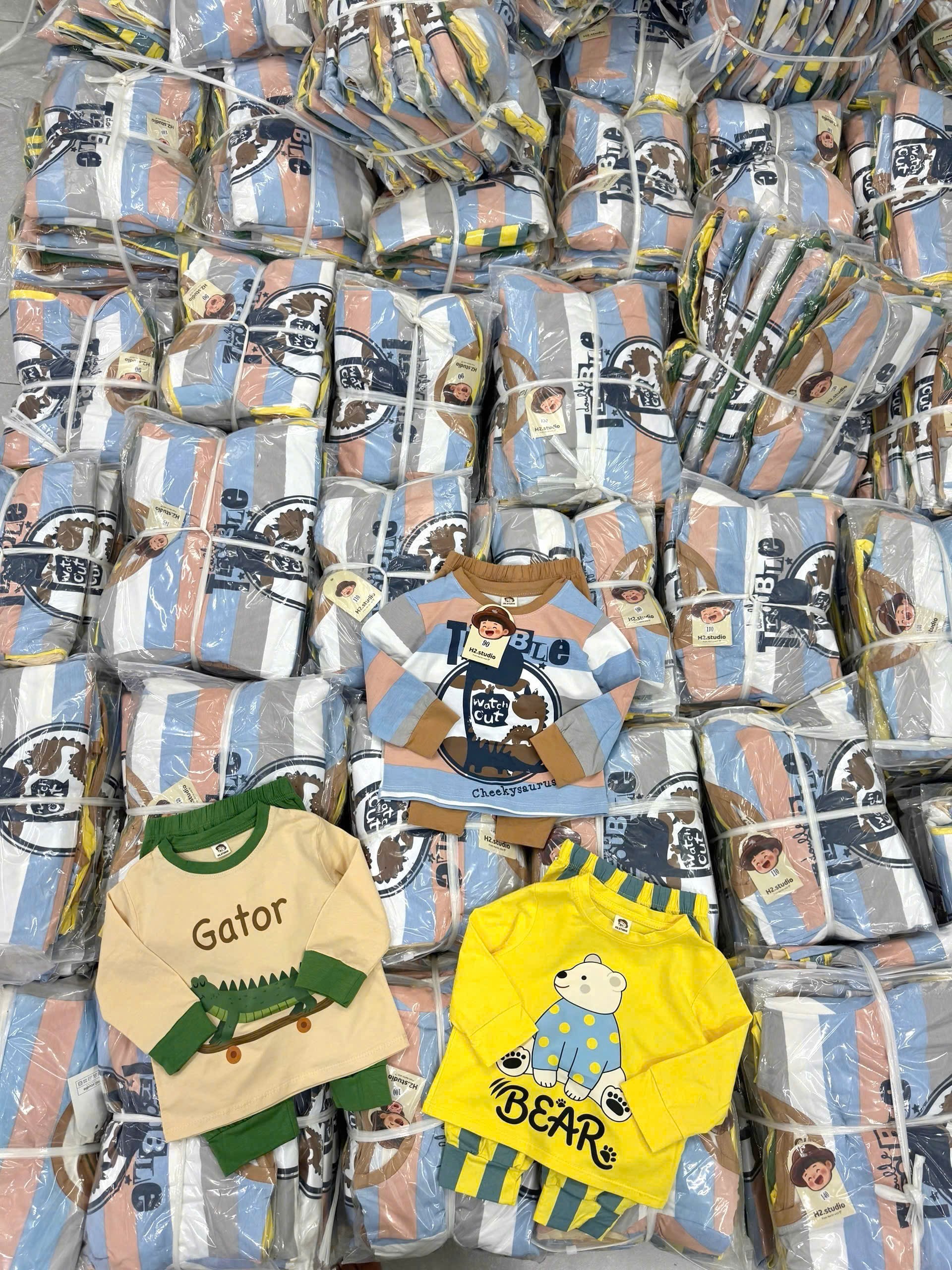 Set 3b cotton dài tay KL gấu kẻ