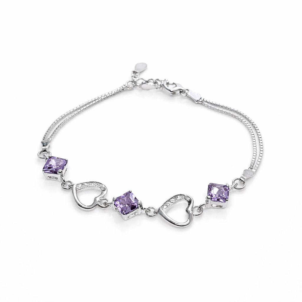Vòng Tay Nữ Hình Trái Tim Đính Đá Quý Tinh Xảo Bạc S925 VDS038 Tím_thumbnail_1