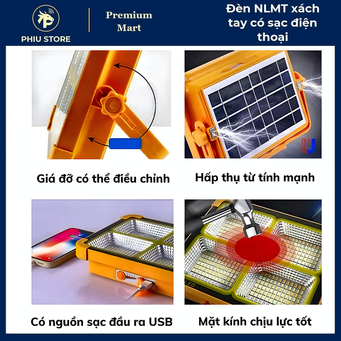 Đèn năng lượng mặt trời xách tay, đèn pha sạc tích điện, đèn LED sạc năng lượng mặt trời, có cổng USB sạc điện thoại, PHIU STORE_thumbnail_4