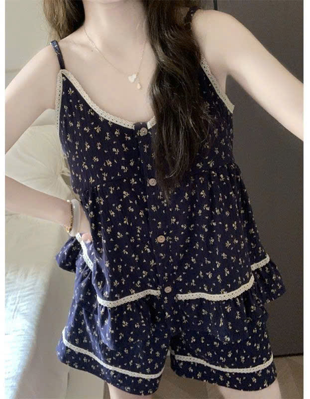 MS VQ1103377 : Bộ đồ ngủ nữ 2 dây kèm mút ngực Cloud Cotton hoa nhí cao cấp