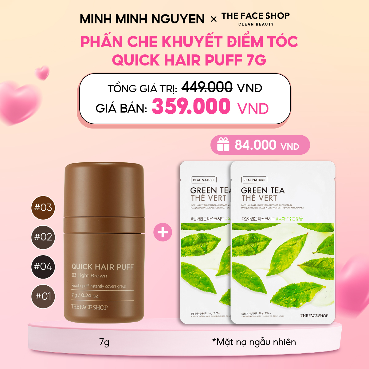 PHẤN CHE KHUYẾT ĐIỂM TÓC QUICK HAIR PUFF (tặng 2 mặt nạ Real Nature)