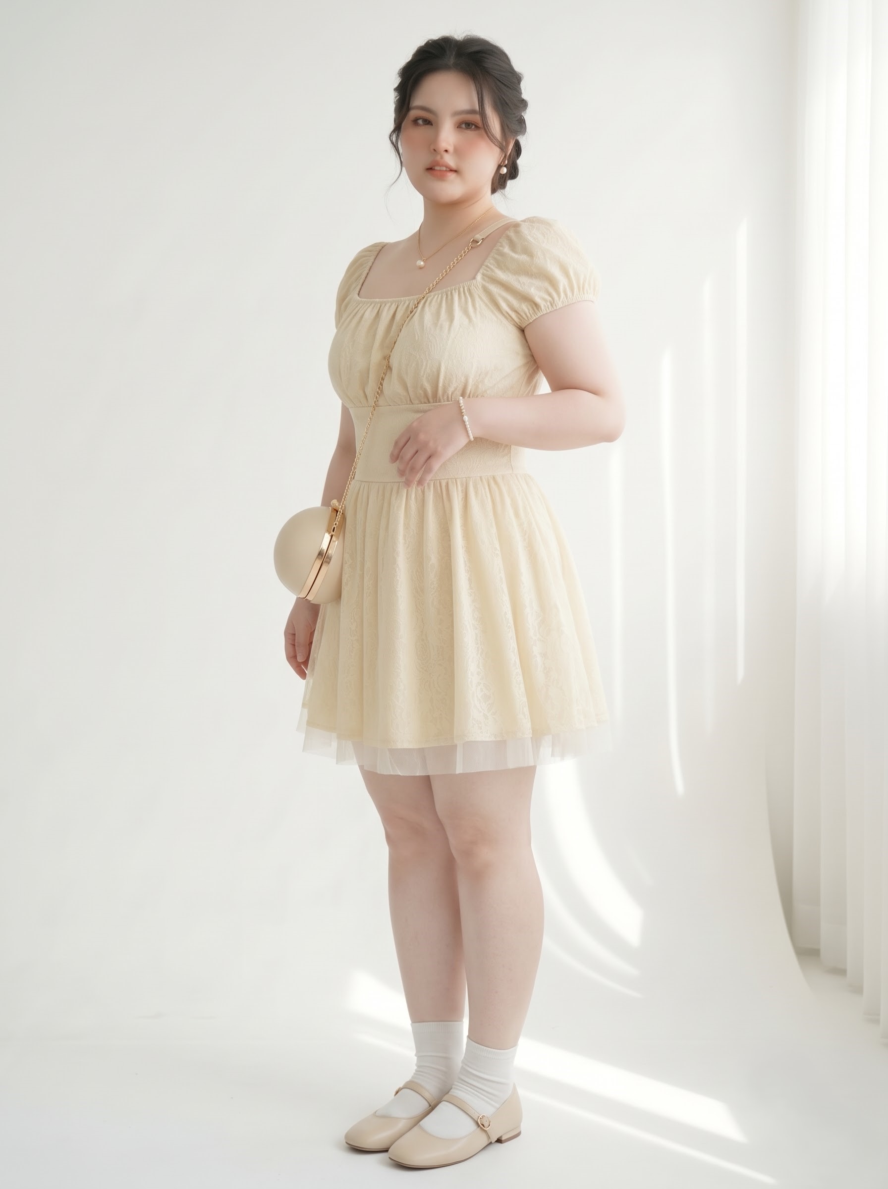 Đầm Ren Hoa Dáng A Bigsize Nữ 3 Lớp Phối Nhún Tạo Độ Phồng Có Lót Cotton Lạnh - Vừa 55–90kg - V-DA243