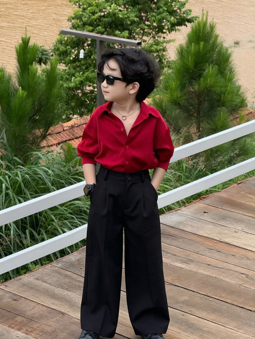 Áo Lụa Đỏ Dày Dặn, Quần Suông Đen Ống Rộng Cho Bé Trai._thumbnail_2