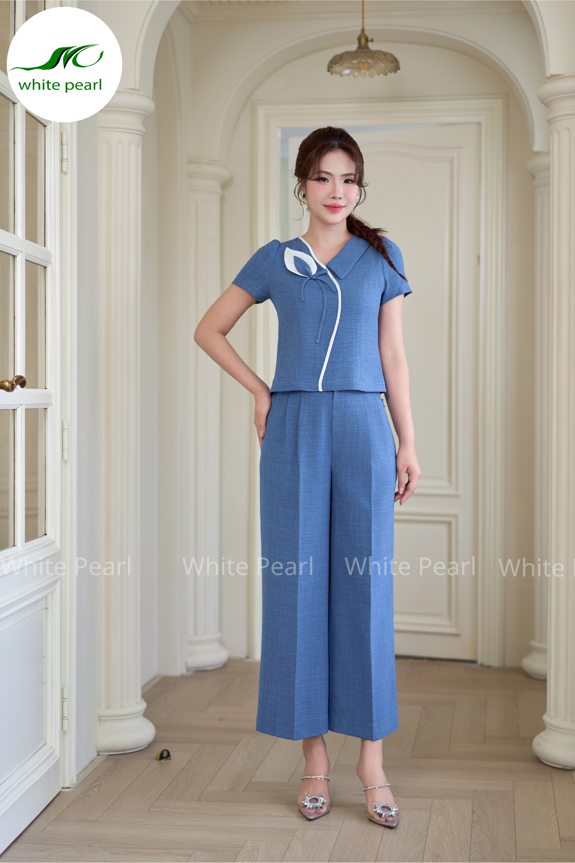 Bộ Ký Giả | Áo cổ tim phối màu + Quần suông 2 ly 