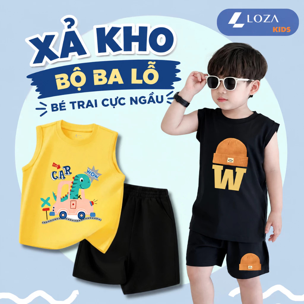 [XẢ KHO BỘ BA LỖ] Bộ ba lỗ cho bé trai nhiều mẫu lẻ size từ 15-40kg - Quần áo bé trai - Loza Kids XABL01 XABL01