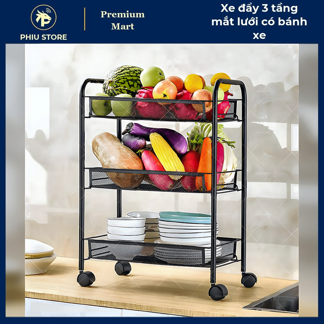 Kệ Để Đồ có Bánh Xe - Xe Đẩy 3 Tầng Mắt Lưới có Bánh Xe, Kệ Để Đồ 3 Tầng có Bánh Xe - PHIU STORE_thumbnail_4