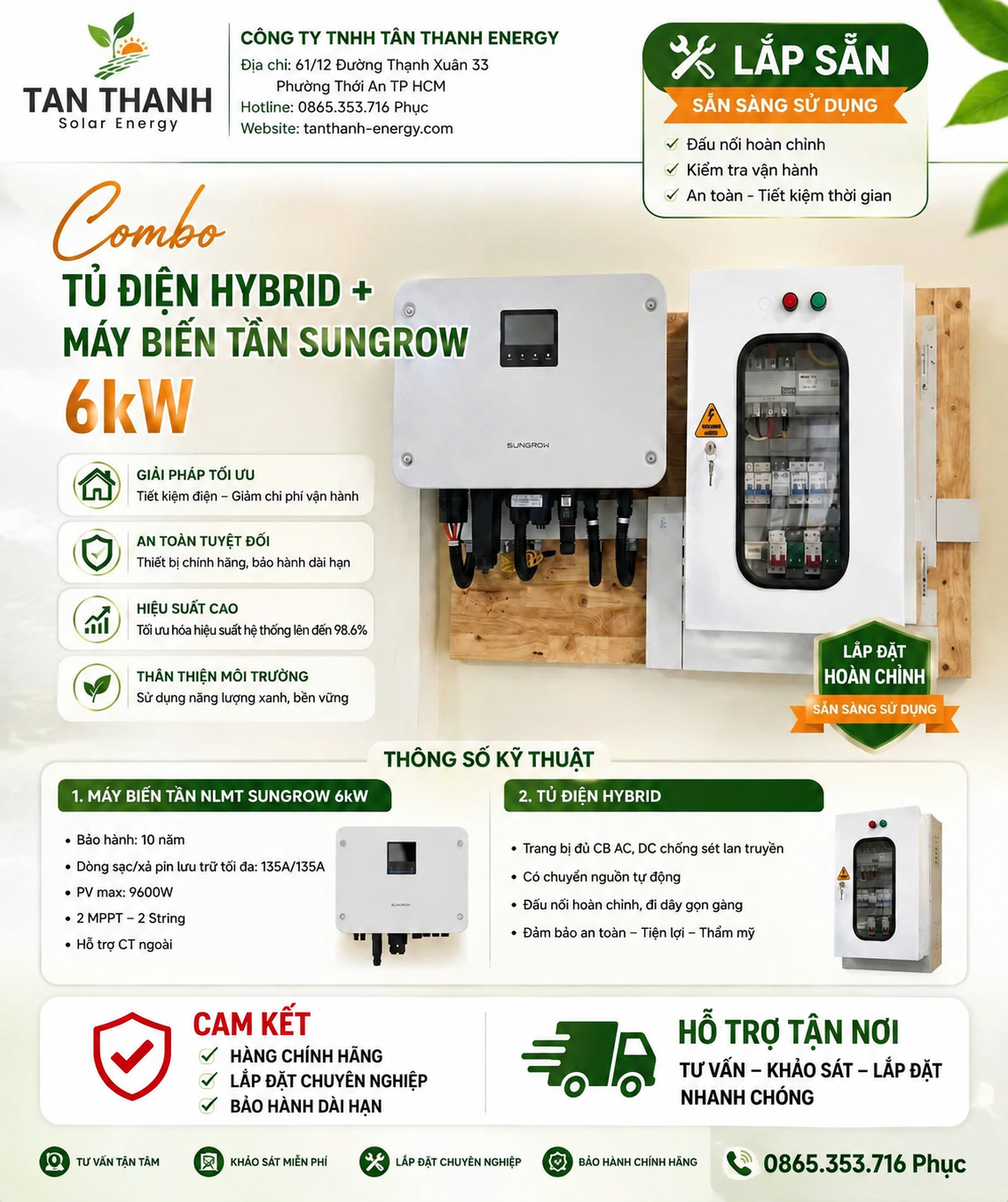 COMBO MÁY BIẾN TẦN NLMT SUNGROW 6kW + TỦ ĐIỆN HYBRID LẮP SẴN