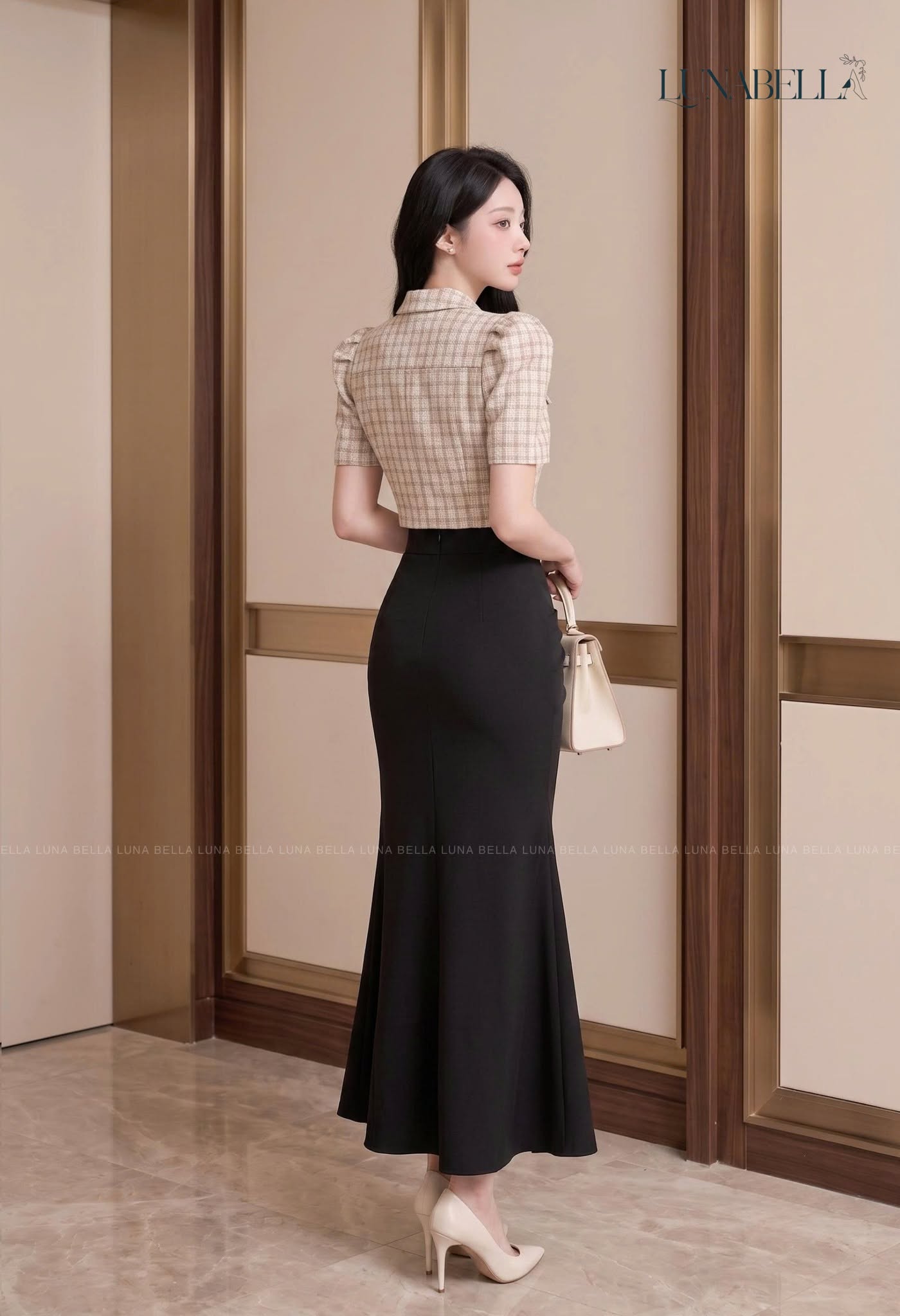 Set áo vest kẻ chân váy đuôi cá dài VERA màu BE_thumbnail_2
