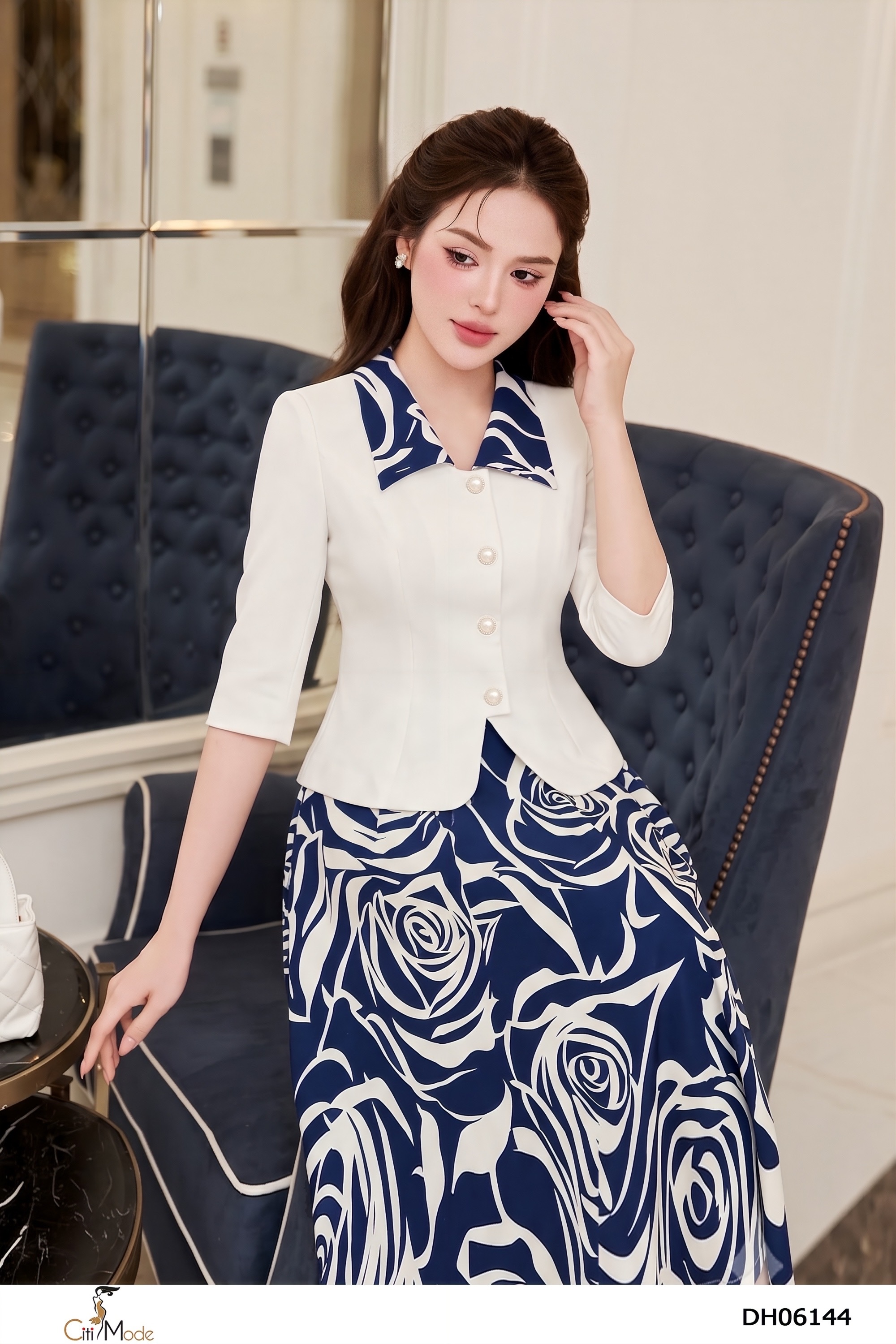 Đầm xòe giả set  hoa xanh phối trắng tay lỡ cách điệu_thumbnail_2