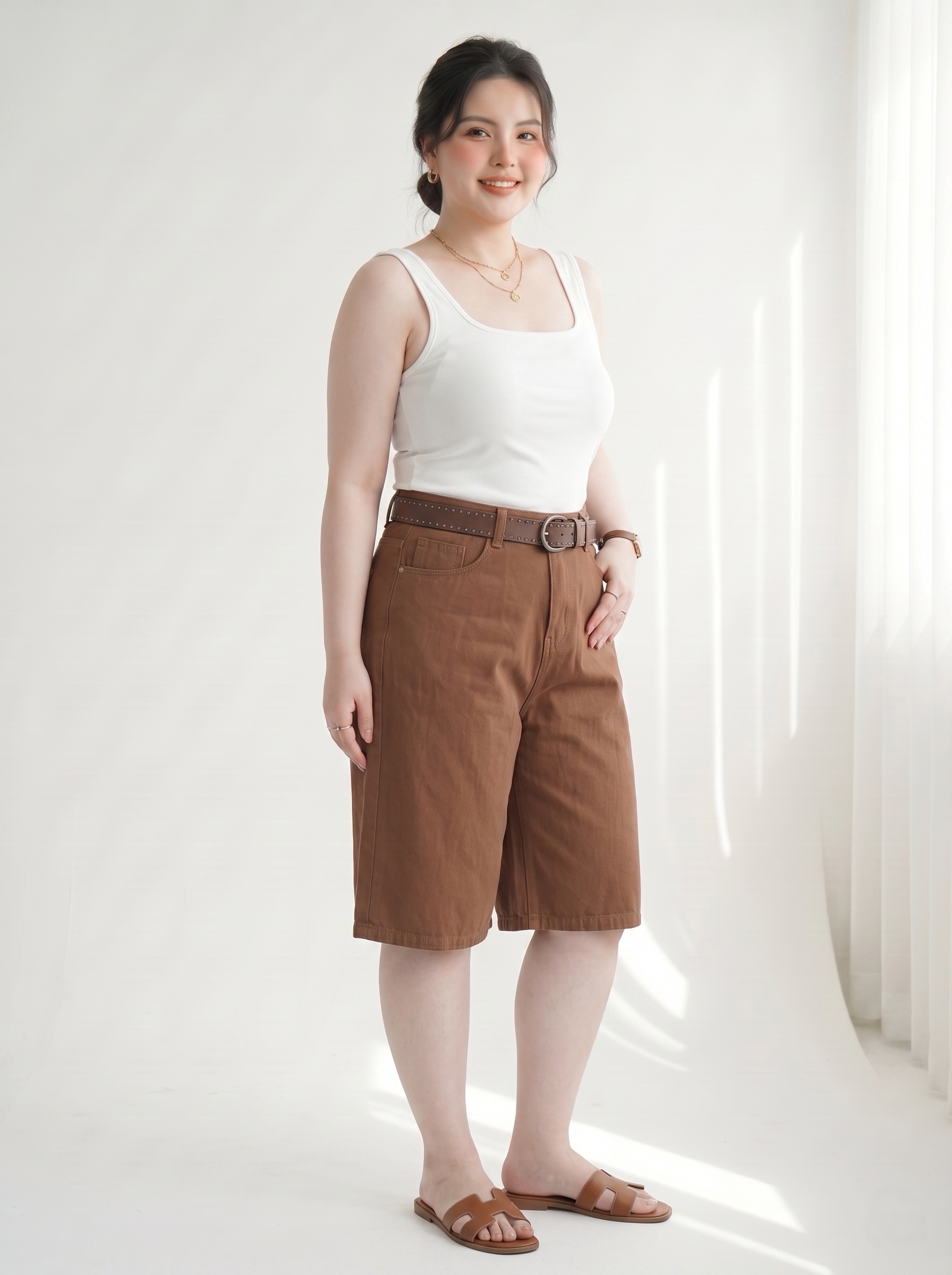 Quần Lửng Kaki Jean Túi Hộp Thêu Bigsize Lưng Cao Ống Rộng - Nâu, Trắng - Vừa 55-90kg - T-QSJ74