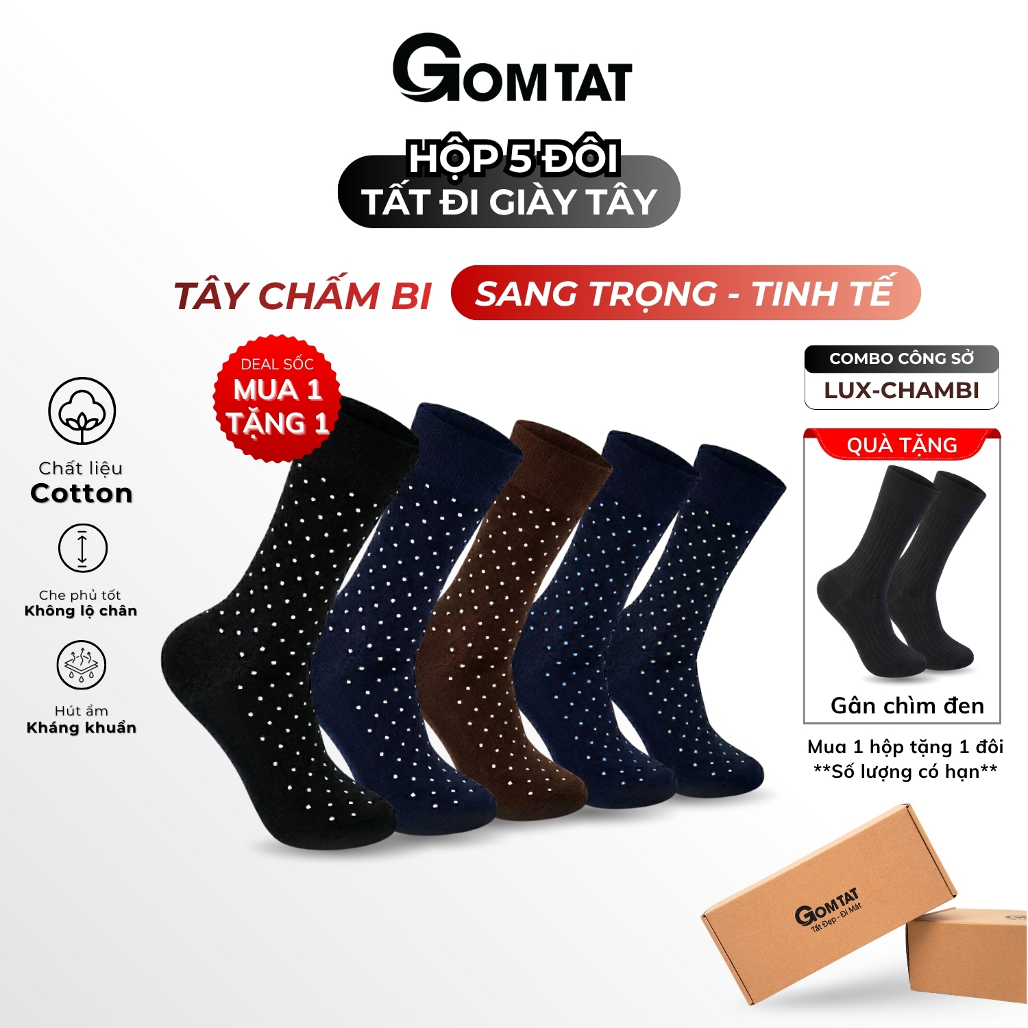 Hộp 5 đôi vớ nam cổ cao công sở GOMTAT hoạ tiết chấm bi, chất liệu cotton cao cấp LUX-CHAMBI-DUMAU-CB5