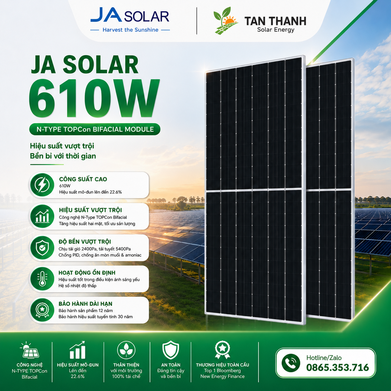 Tấm Pin Năng Lượng Mặt Trời JA Solar 610W