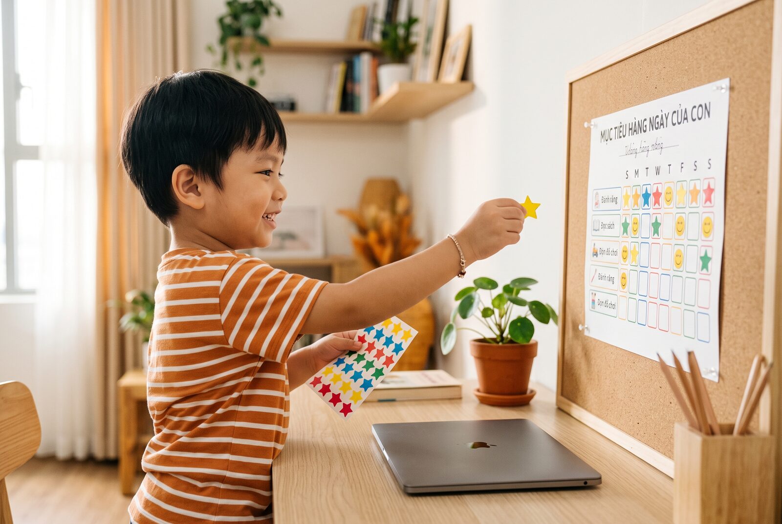 Bé dán sao vào bảng thói quen học mỗi ngày