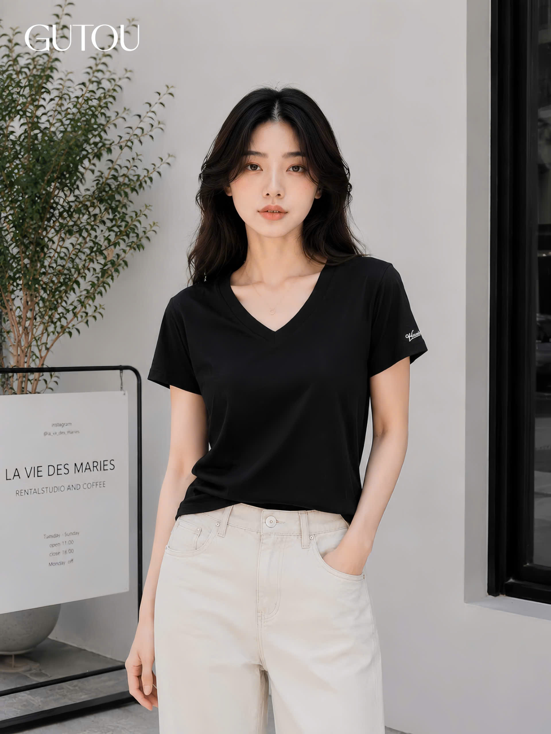 [ GUTOU ] Áo Thun Tay Ngắn Cổ V Tay Thêu Chữ Basic_thumbnail_3