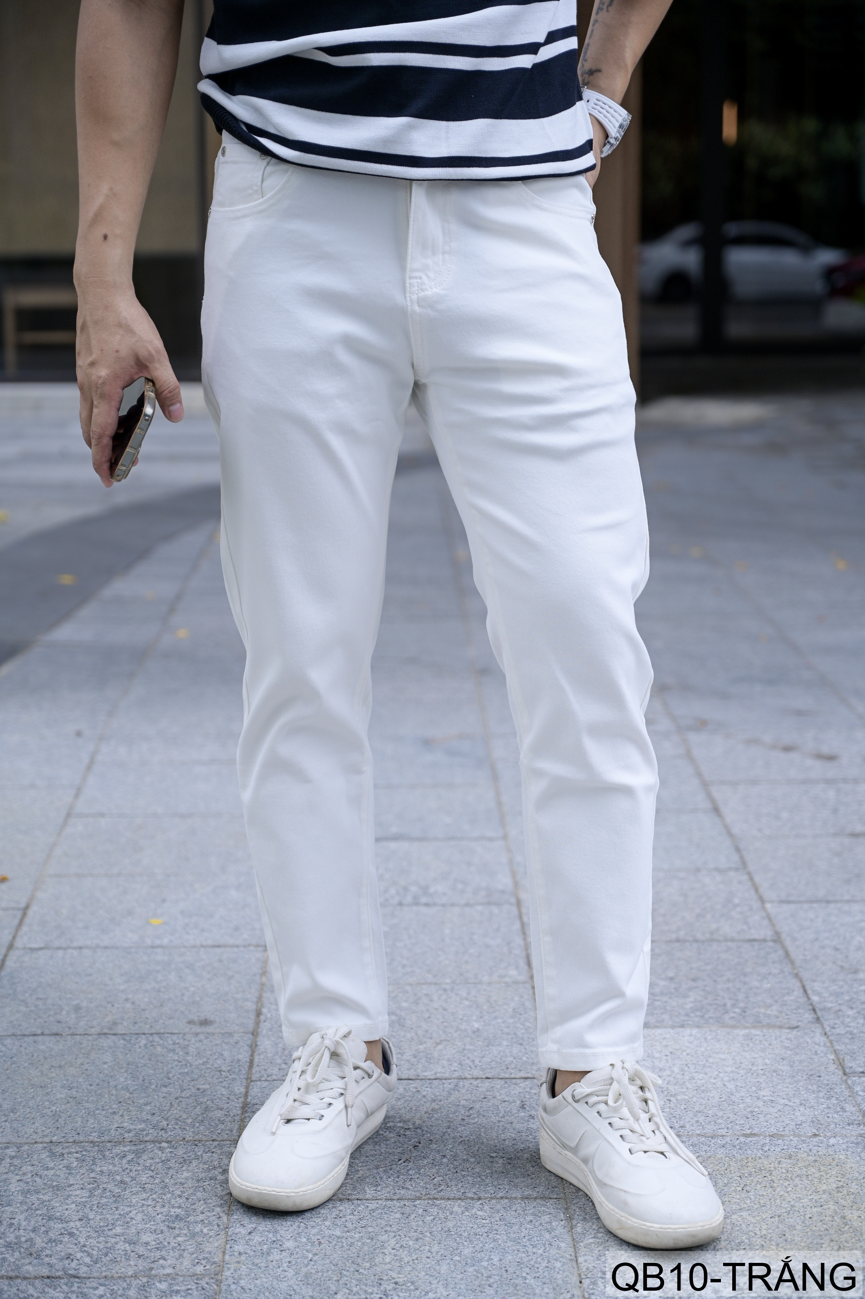 QB10 - Quần jeans nam ống nhỏ co giãn, màu trắng đen, phong cách basic mùa thu