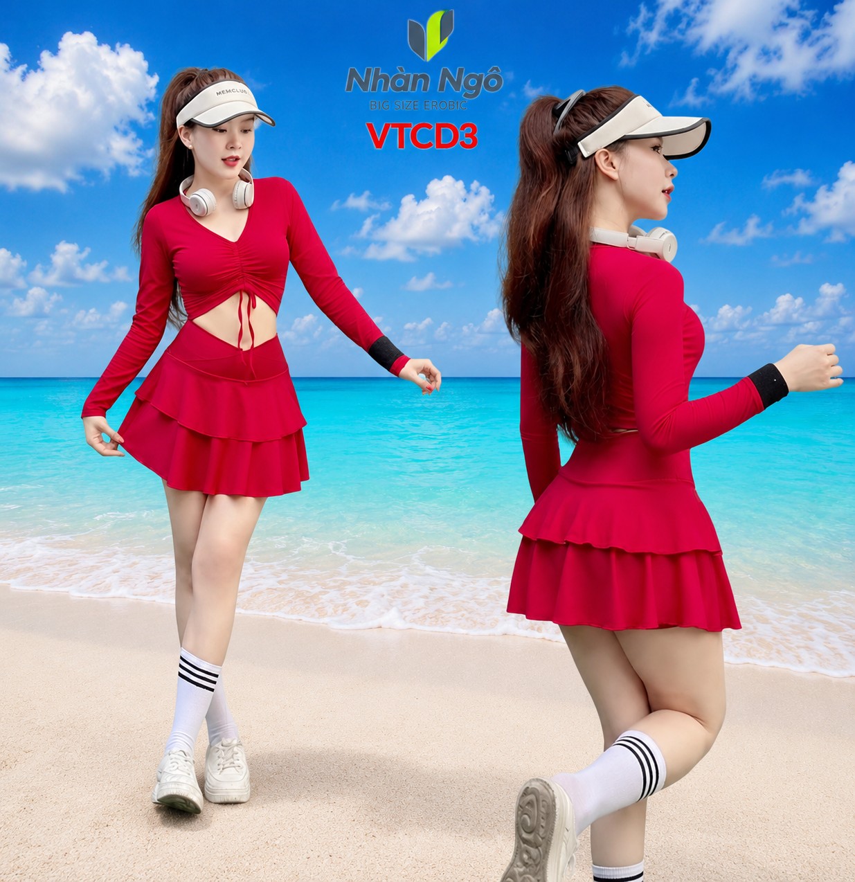 Bộ Đồ Bơi, Đồ Tập Aerobic Nữ - Áo Croptop Dài Tay Rút Dây Ngực Kèm Chân Váy Tầng Có Quần Bảo Hộ._thumbnail_1