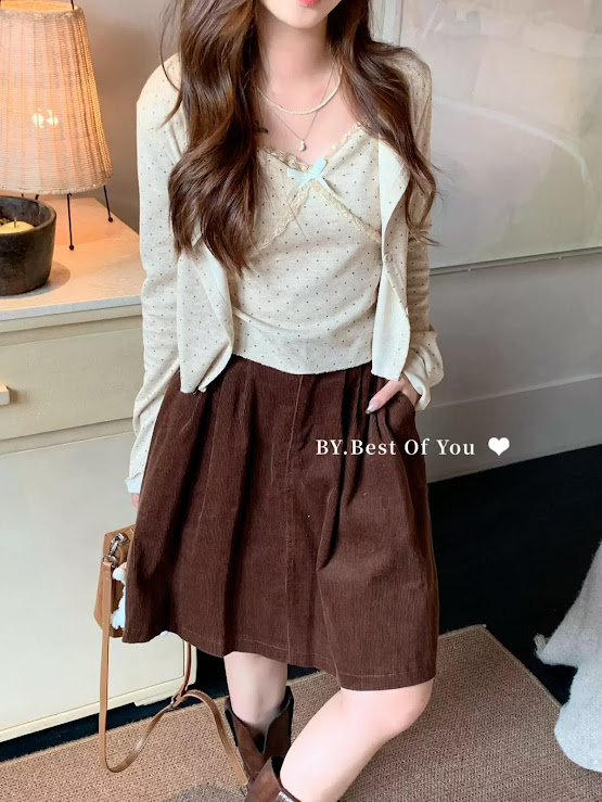 Lucas - Set áo 2 dây chấm bi pha viền ren chéo ngực đính nơ + áo khoác cardigan cài cúc_thumbnail_2