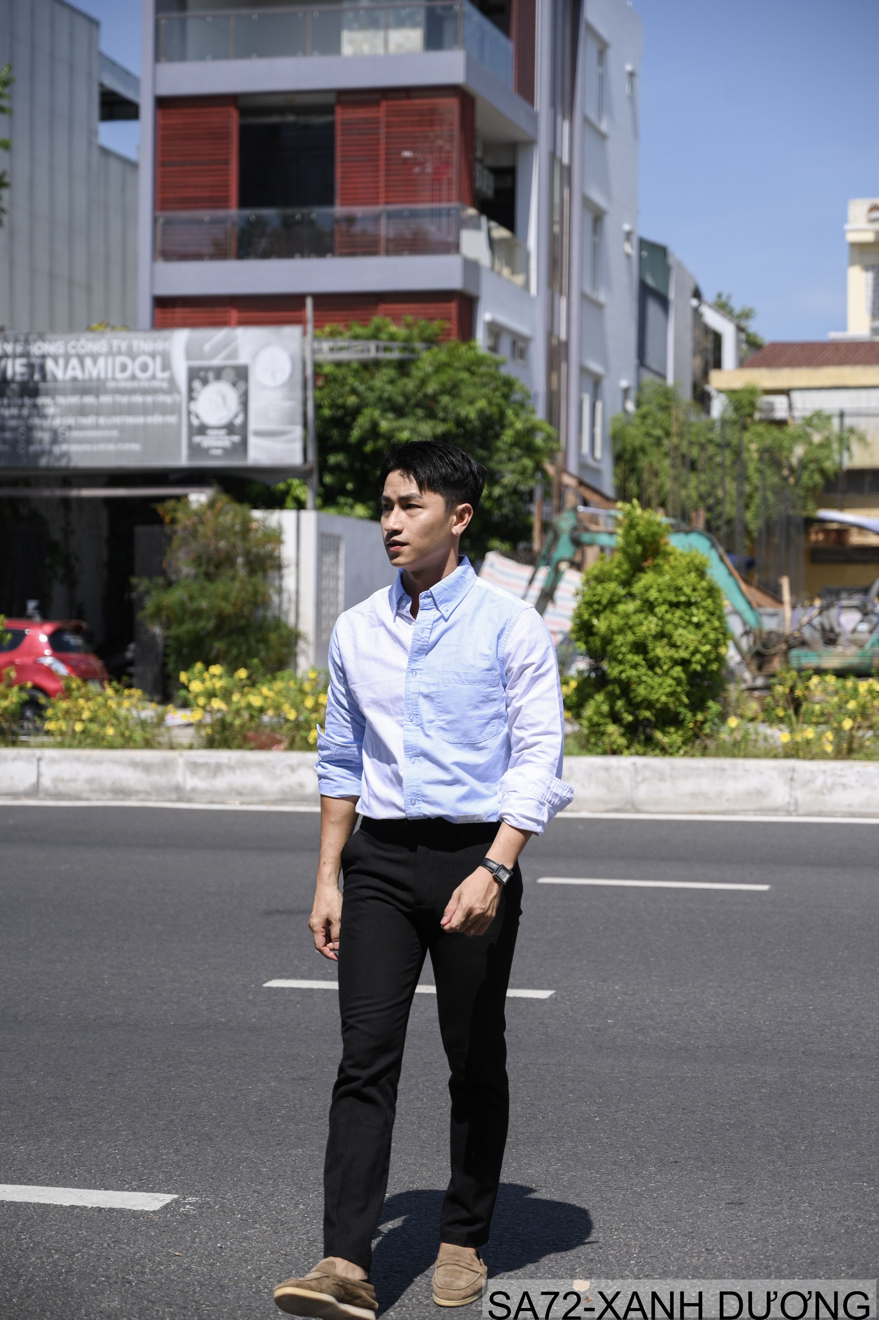 SA72 - Áo sơ mi dài tay phối màu xanh dương trắng phong cách Nhật, form rộng rãi, chất cotton mềm mại_thumbnail_3