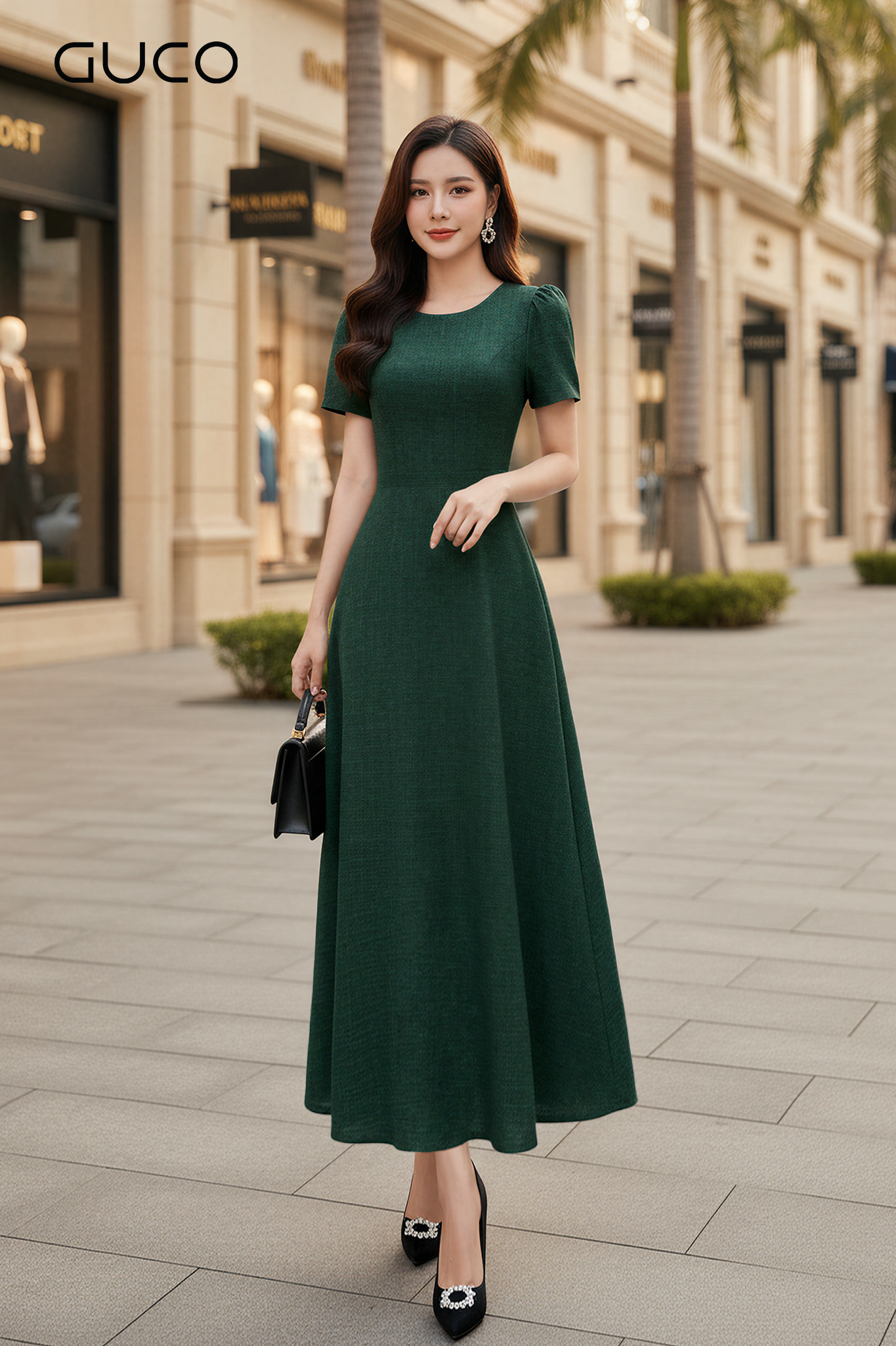 GUCO Đầm Maxi Xanh Rêu Nàng Thơ