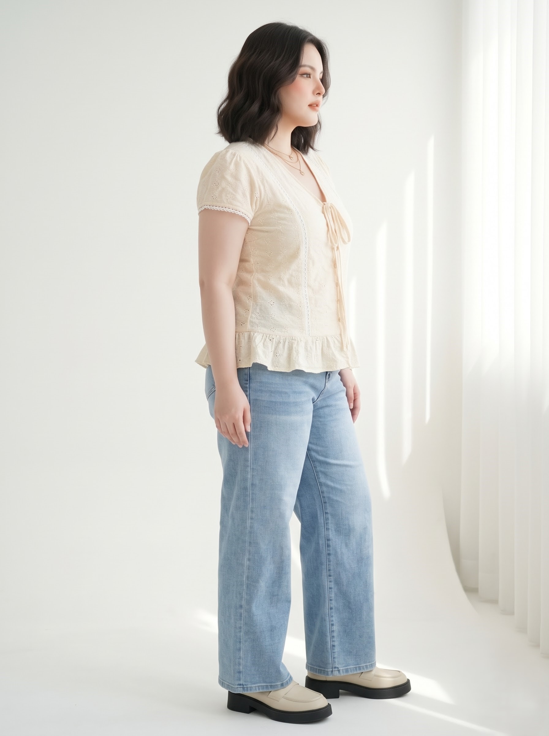 Áo Kiểu Xô Thêu Hoa 2 Lớp Phối Ren Bigsize Nữ Form Rộng Nhẹ - Không Co Giãn - Vừa 55–90kg - V-AK129