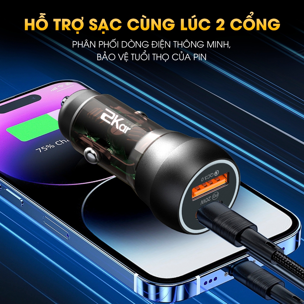 Tẩu Sạc Nhanh Ô Tô 2Kar 38W 2 Cổng USB & Type-C Chính Hãng_thumbnail_3