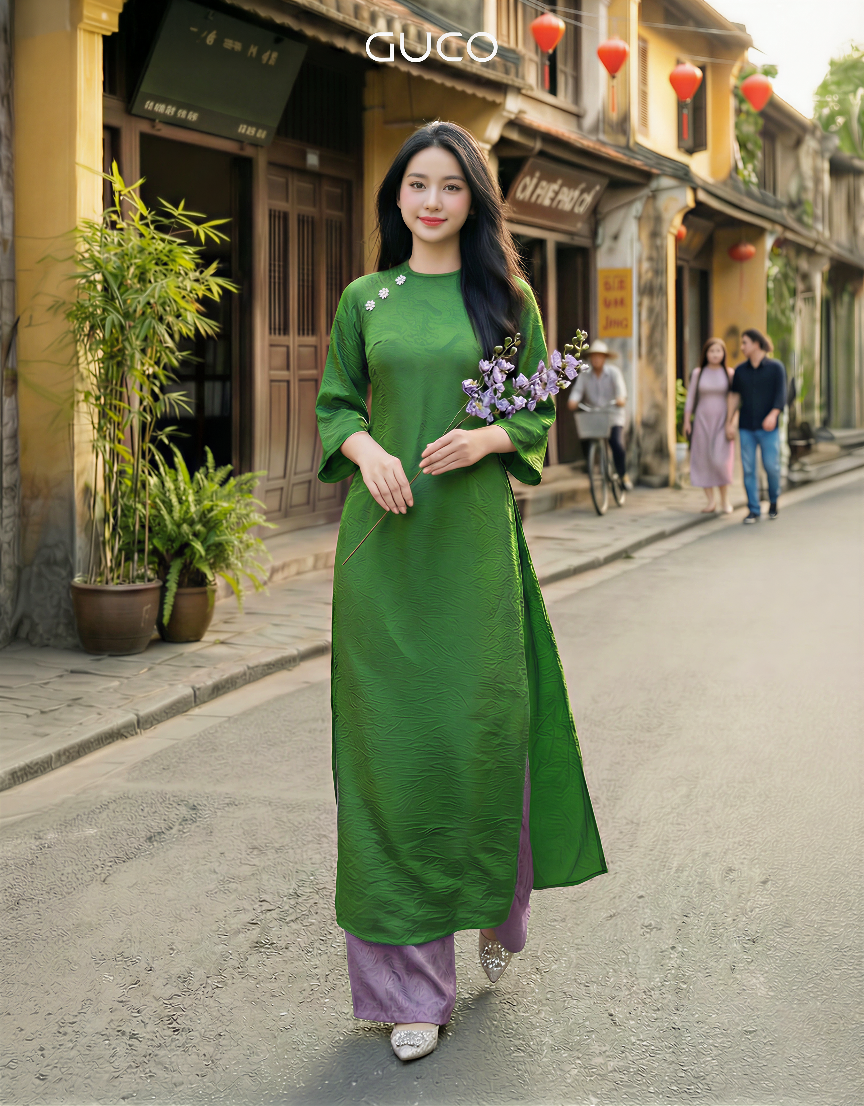 ÁO DÀI DIỆU CÁT KẾT ĐÁ - XANH LÁ