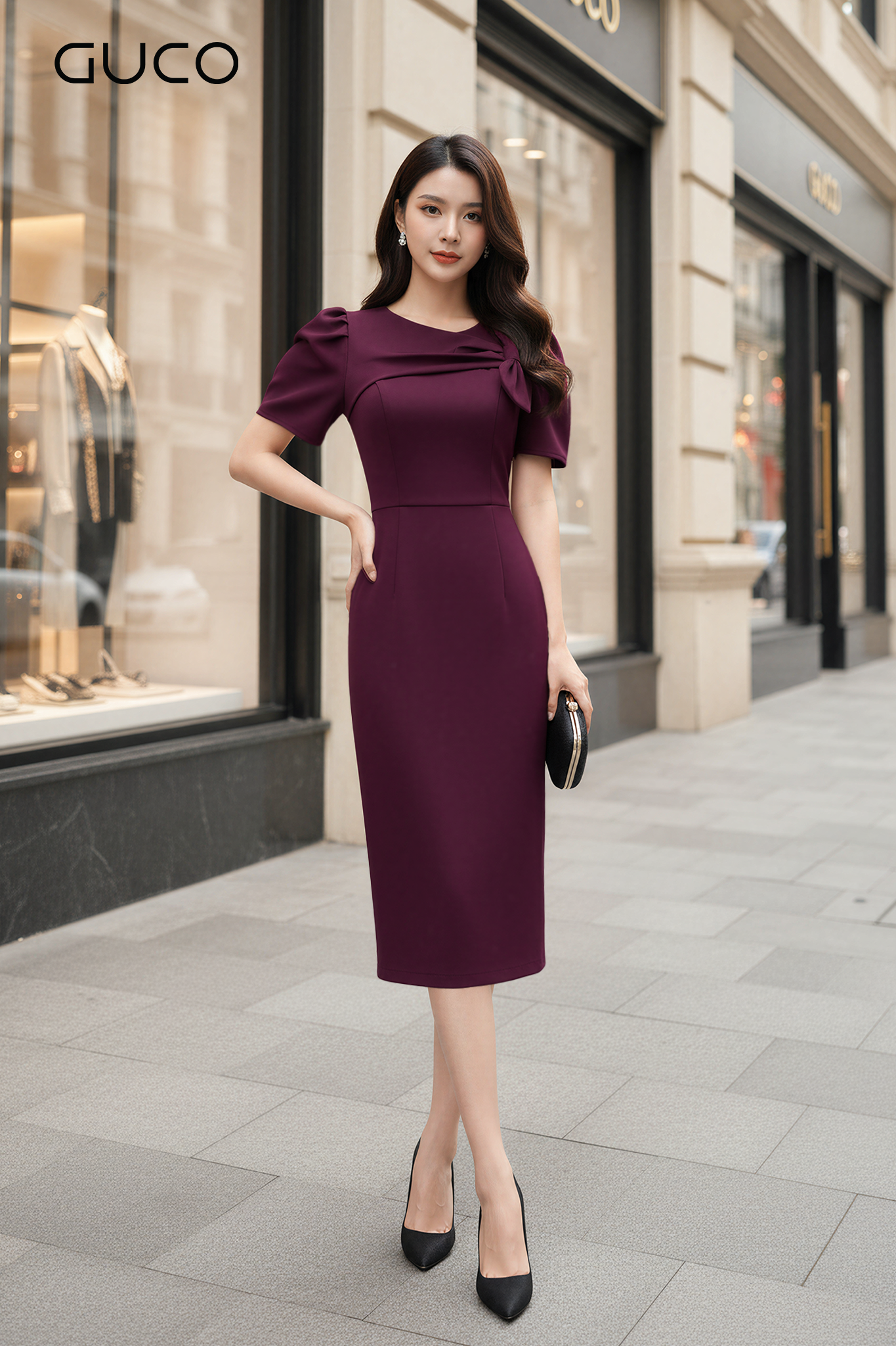 GUCO Đầm Body Tím Nơ Vai Thanh Lịch