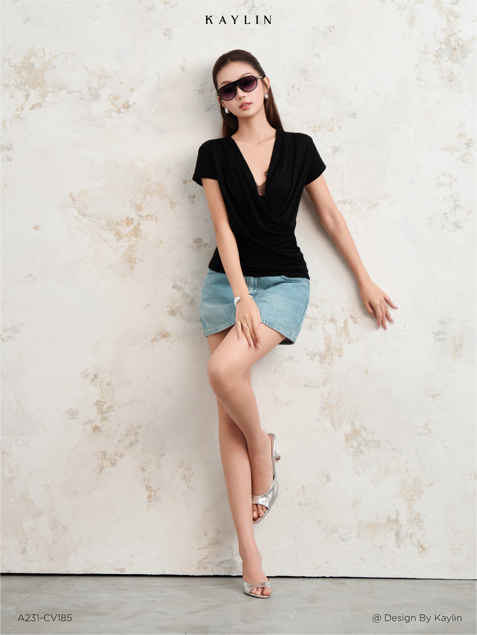 Áo Thun Giấy Cổ V Đắp Chéo KAYLIN Draped Wrap Knit Top