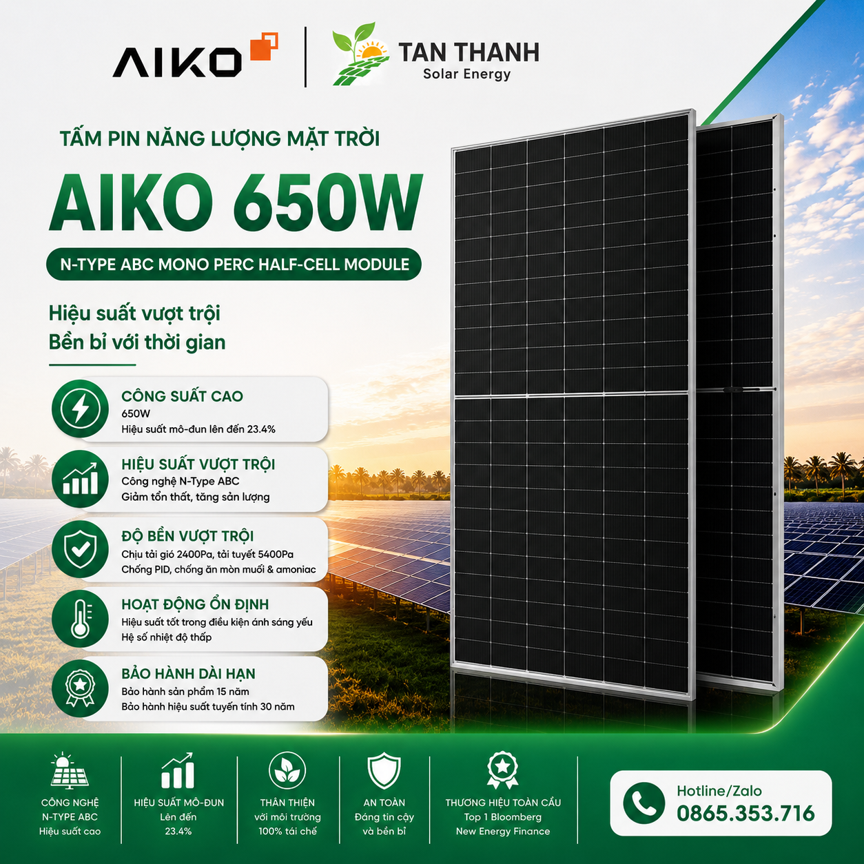 Tấm Pin Năng Lượng Mặt Trời AIKO 650W