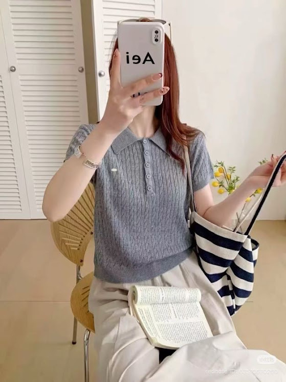Lucas - Áo len mongtoghi cộc tay cổ bẻ cài cúc đính charm nơ vặn thừng nhỏ_thumbnail_1