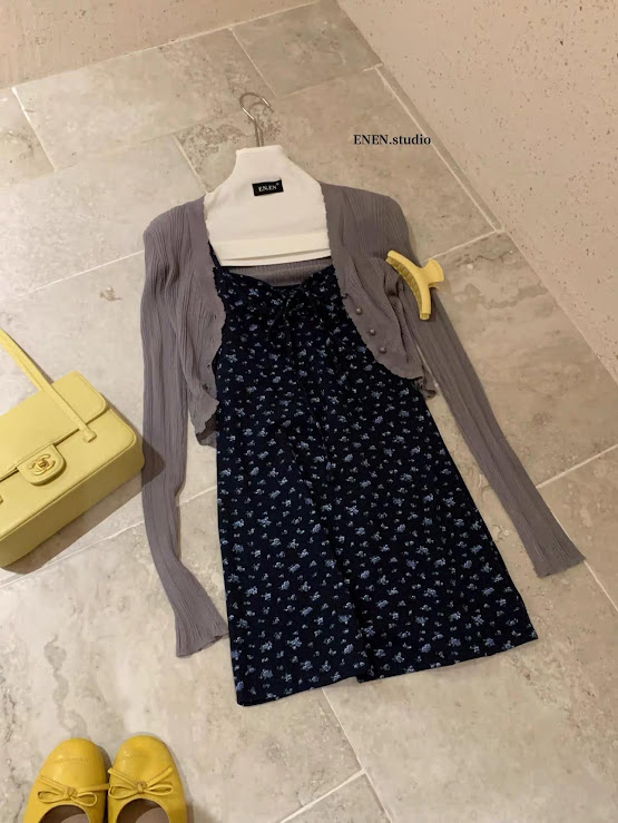 Lucas - Set váy hai dây dáng ngắn buộc nơ ngực + áo khoác cardigan len ENEN_thumbnail_2