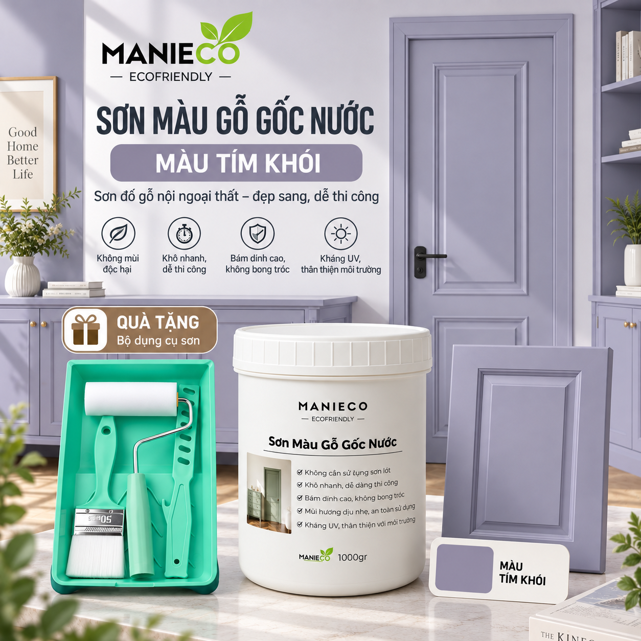 Màu Tím Khói - Sơn Gỗ Gốc Nước Đổi Màu Manieco 1KG - Nội Ngoại Thất, Che Phủ Hoàn Toàn, Không Mùi