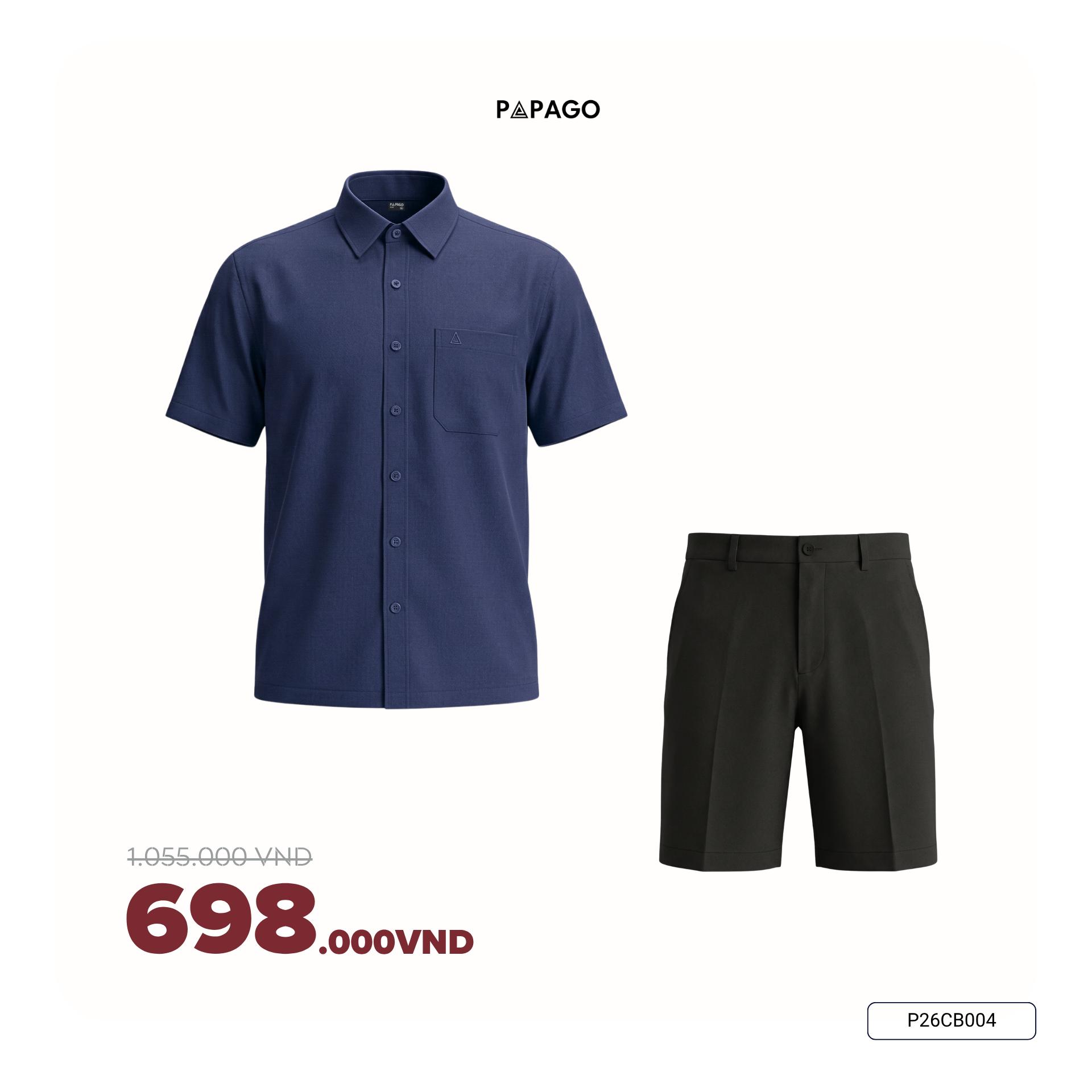 [Tặng Áo] Combo Áo Sơ Mi Nam Tay Ngắn Trơn Đơn Giản & Quần Short Vải Poly Trung Niên PAPAGO - P26CB005_thumbnail_1