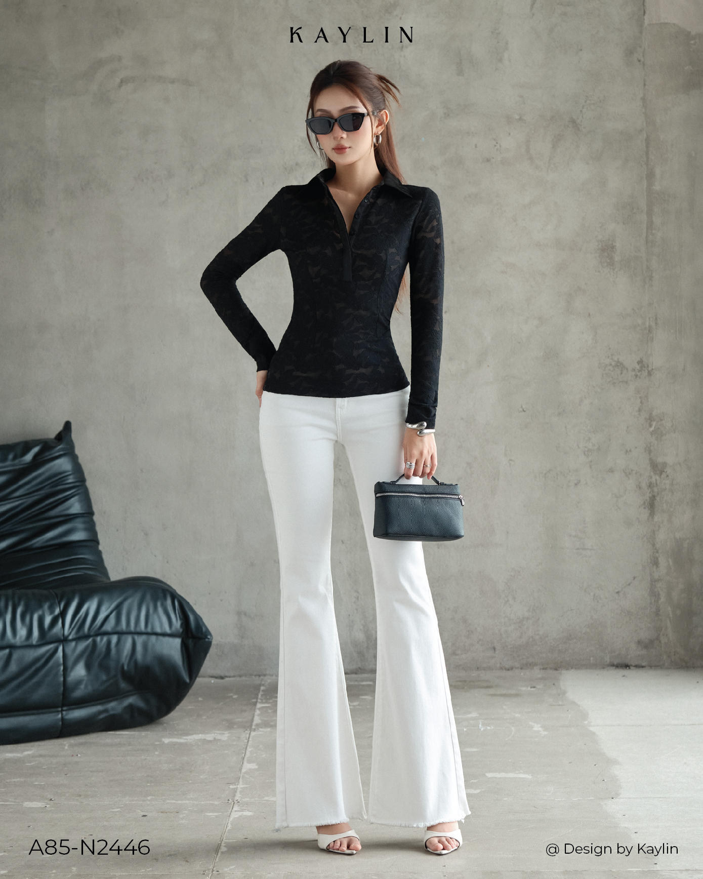 Áo Polo Ren Tay Dài KAYLIN Sheer Polo Top
