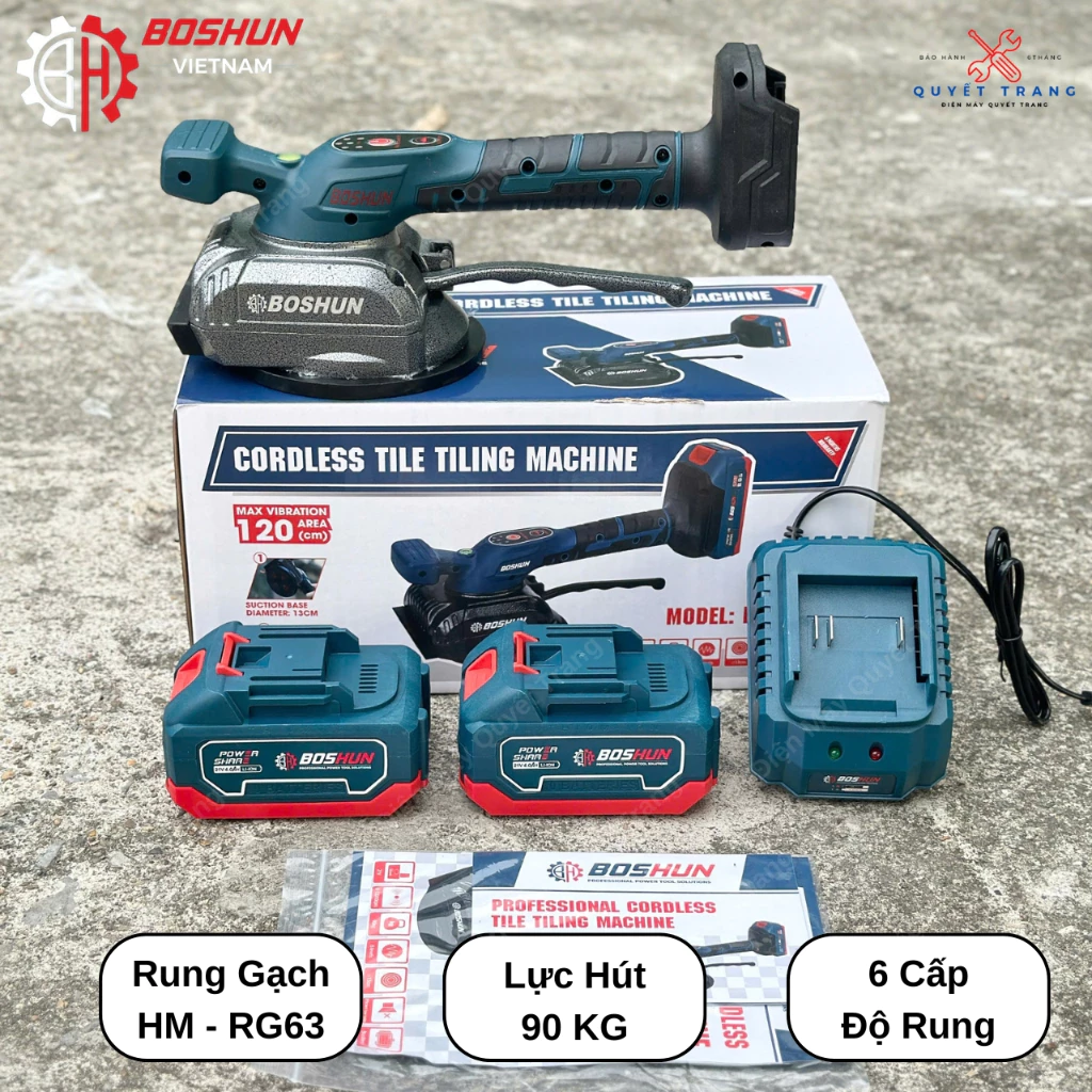 Máy Rung Gạch BOSHUN BS-RG63PRO – Máy Rung Ốp Lát Gạch Sàn, Máy Hút Gạch Men Dùng Pin 21V