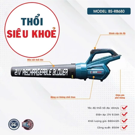Máy Thổi Lá Dùng Pin BOSHUN BS-RB680 Công Suất Lớn, Chân pin phổ thông, Động Cơ Lõi Đồng - Giá rẻ