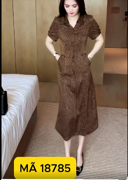 18785-Đầm lụa suông nâu cổ bẻ cách điệu (lụa,lót)