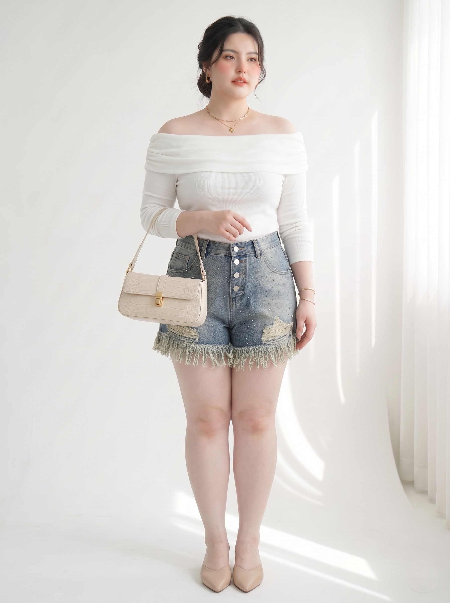 Quần Short Jean Lưng Thun Ép Đá Bigsize 4 Nút Ống Rộng - Đen Xám, Xanh Nhạt - Vừa 55–90kg - T-QSJ1330
